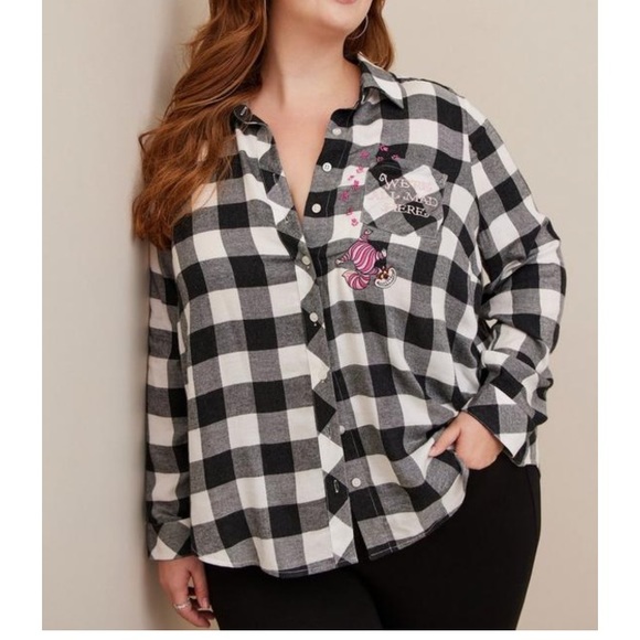 TORRID NWT ALICE IN WONDERLAND LIZZIE RAYON PLAID LONG SLEEVE BUTTON UP SHIRT - Picture 2 of 6